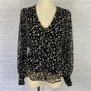 ⭐ 3/$15 Nine West XS Black White Animal Print Semi Sheer Babydoll Blouse
